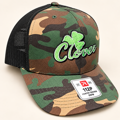 Clover hat 1 Richardson 112P camo with black mesh and green Clover logo outlined in white and black