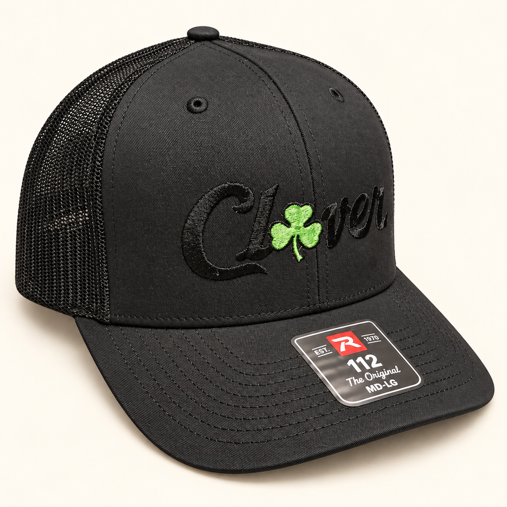 Clover hat 3 black Richardson 112 black embroidered lettering with small green clover