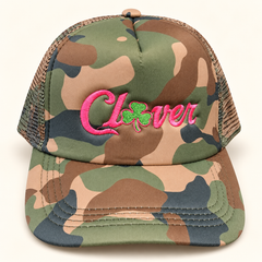 Camo foam hat with pink Clover lettering and green shamrock