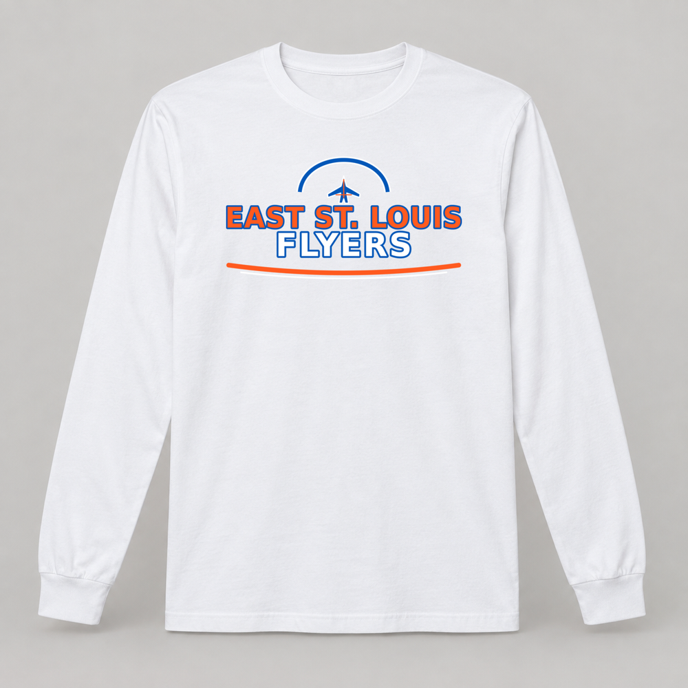 East St. Louis Flyers school pride transfer on a white long sleeve shirt placement mockup; shirt not included