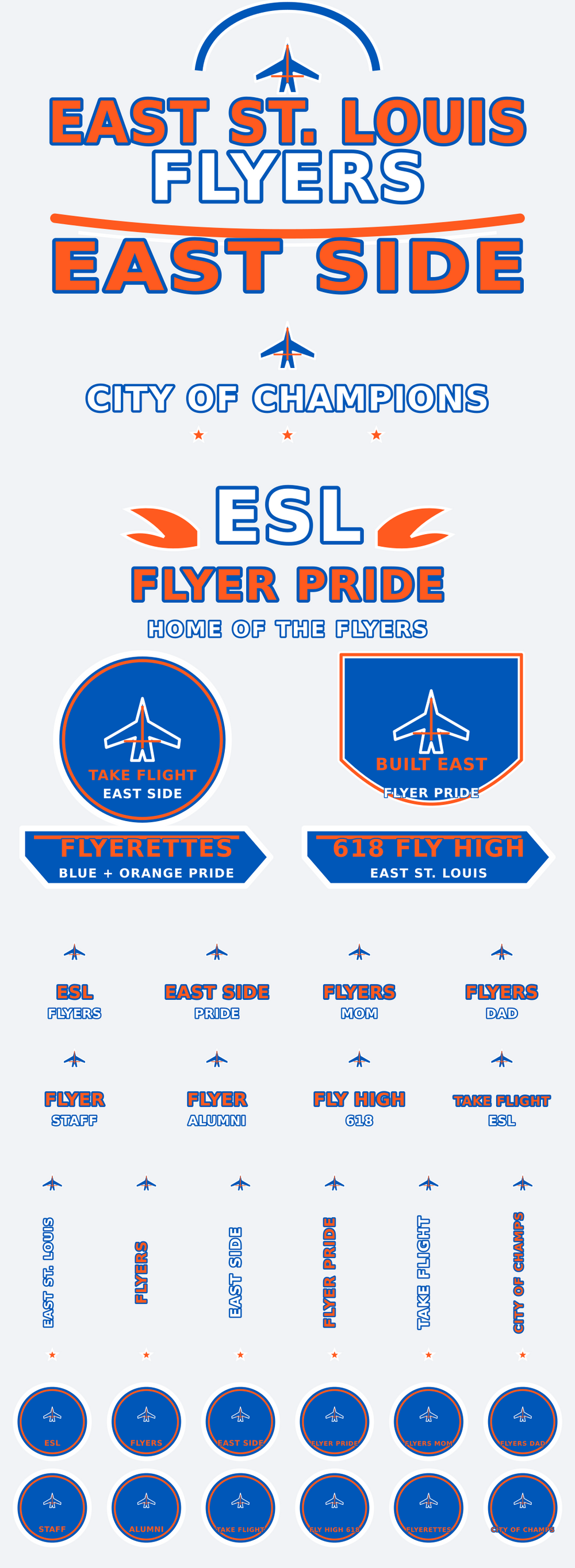 East St. Louis Flyers school pride packed 22 by 60 premade DTF gang sheet with 33 transfers