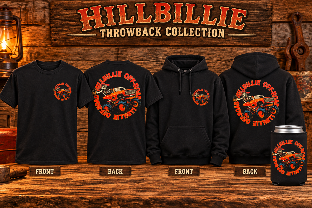Hillbillie Throwback Collection mockup showing small front and large back prints