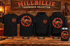 Hillbillie Throwback Collection mockup showing small front and large back prints