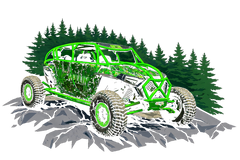 Sam’s Rollin Lit green off-road buggy with forest and rocks
