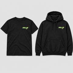 Front mockup of black T-shirt and hoodie with one small Rollin Lit wordmark on the left chest