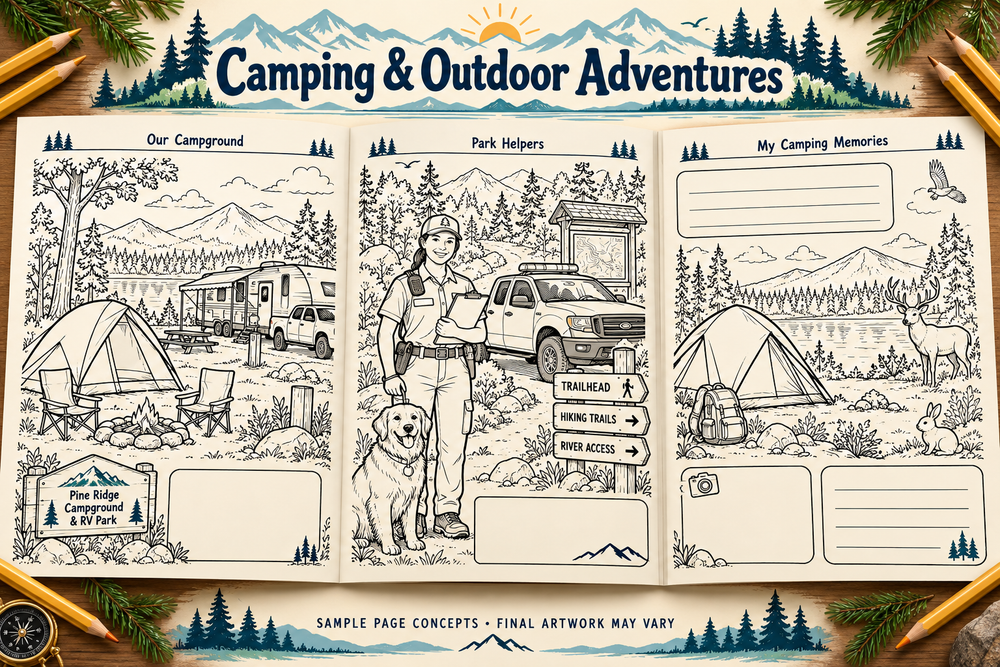 Illustrative sample camping coloring and memory pages; final artwork may vary