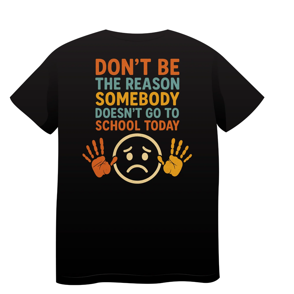 Black t-shirt with anti-bullying message, sad face, and colorful handprints design.