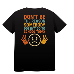 Black t-shirt with anti-bullying message, sad face, and colorful handprints design.