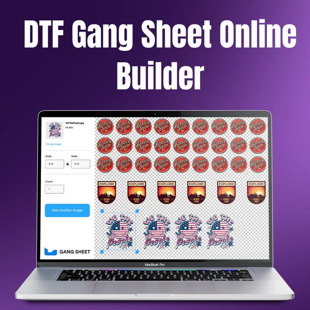 Laptop displaying DTF gang sheet online builder with custom shirt transfer designs