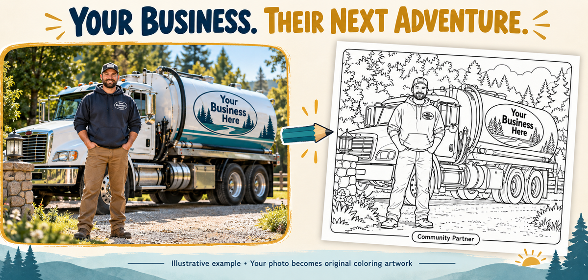 Illustrative septic service business photo adapted into coloring artwork; example only