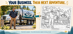 Illustrative septic service business photo adapted into coloring artwork; example only