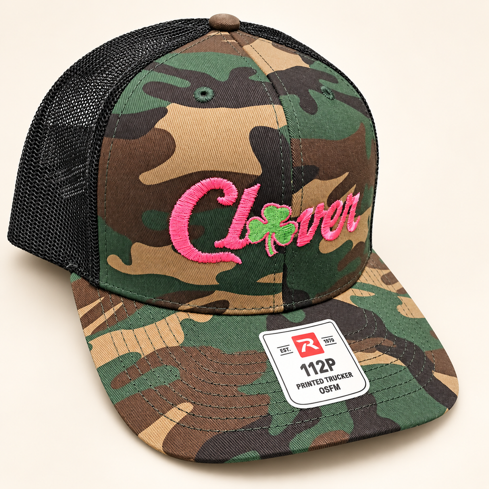 Clover hat 2 Richardson 112P camo with black mesh pink lettering and small green clover
