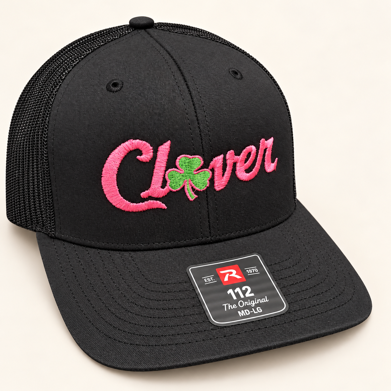 Black Richardson 112 cap with pink Clover embroidery and green shamrock