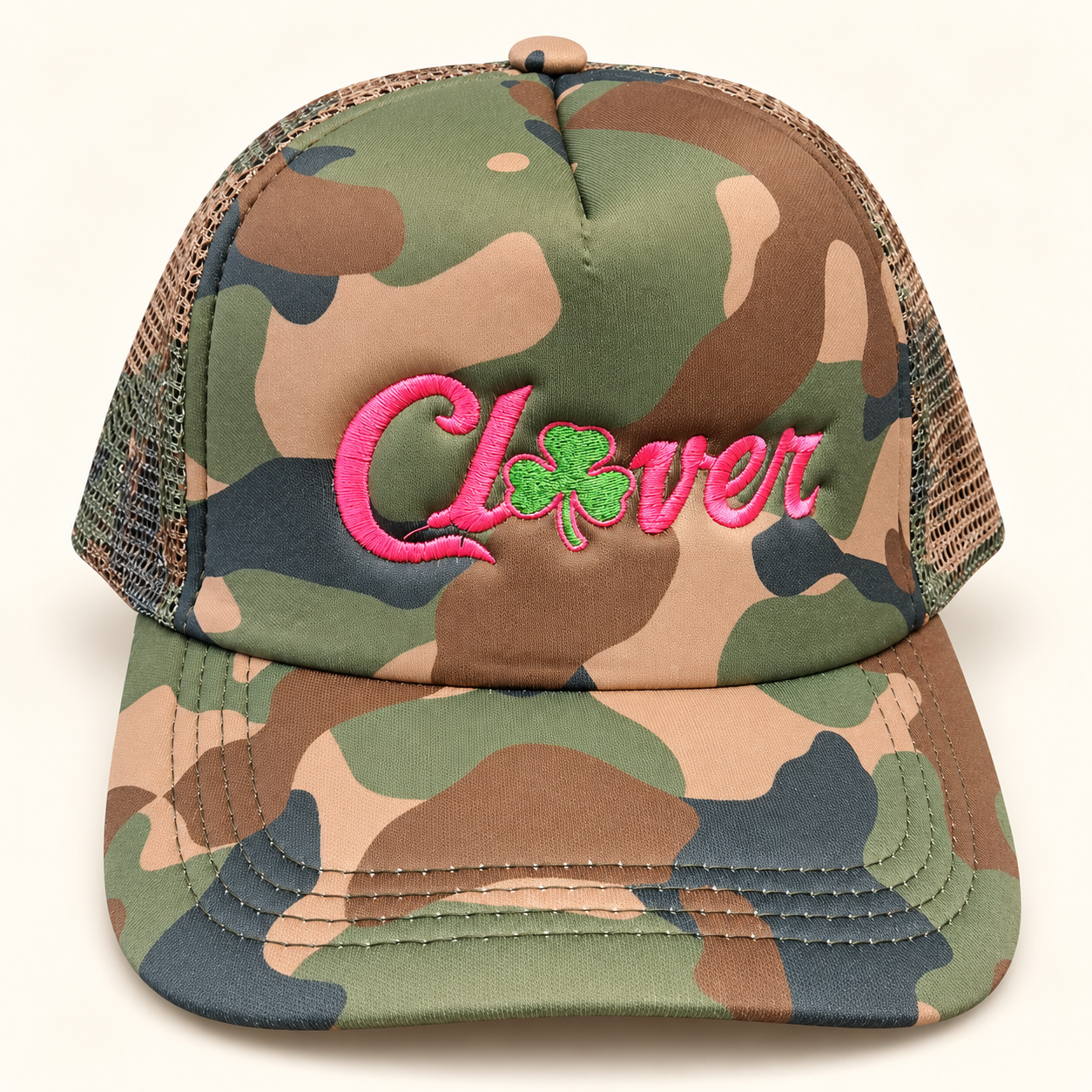 Camo foam hat with pink Clover lettering and green shamrock