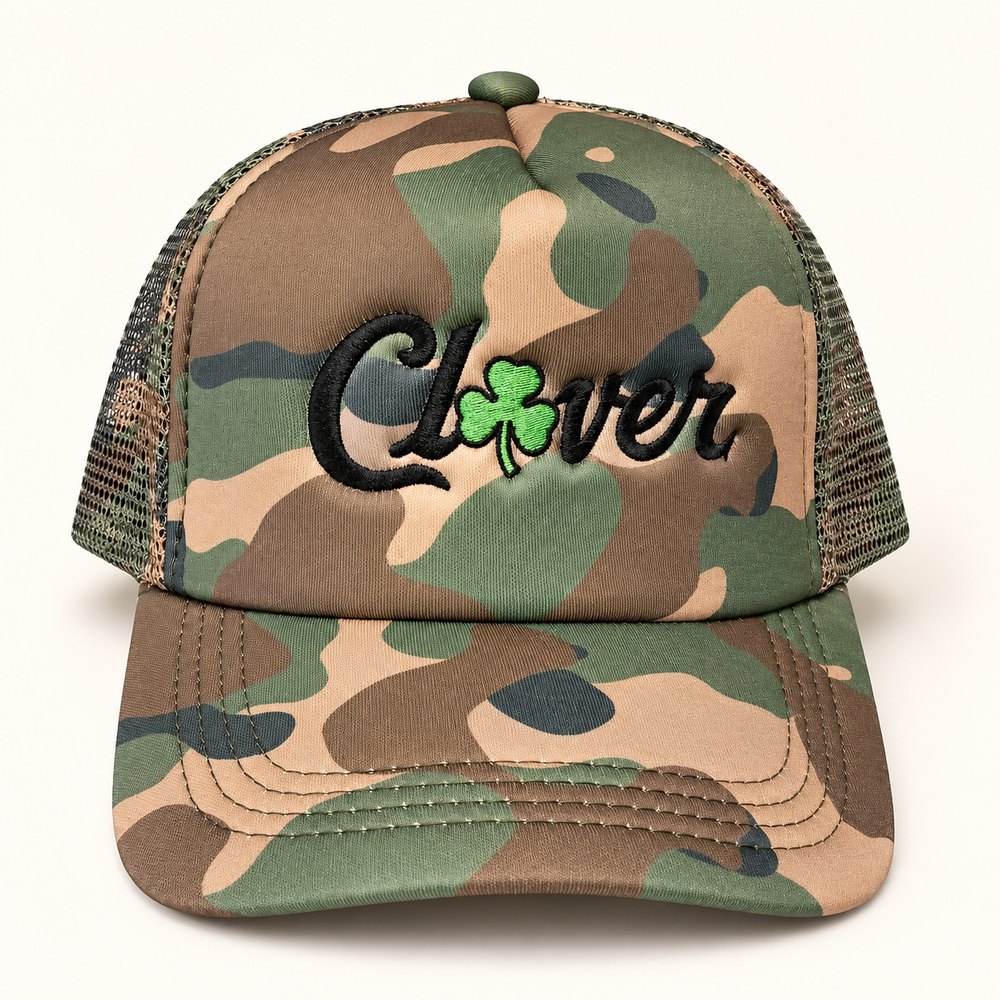 Camo foam hat with black Clover lettering and green shamrock