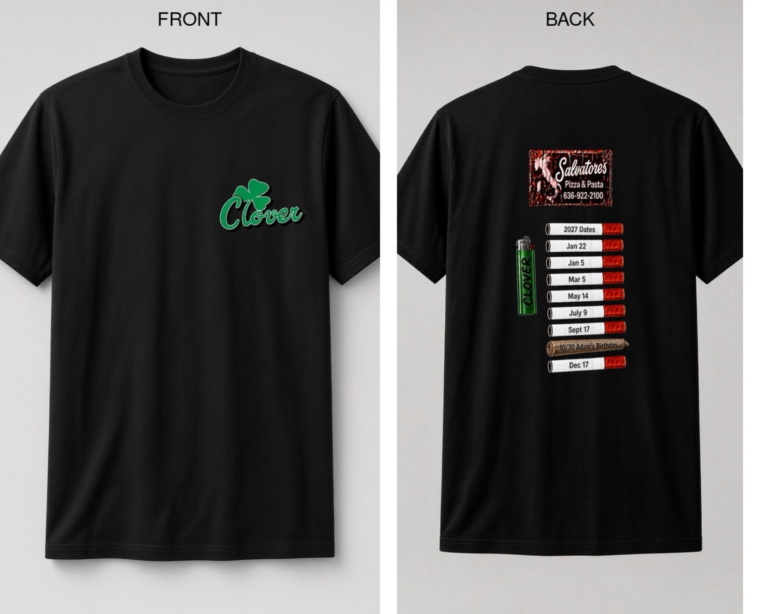Black Clover Salvatore's 2027 shirt, left chest front and printed back