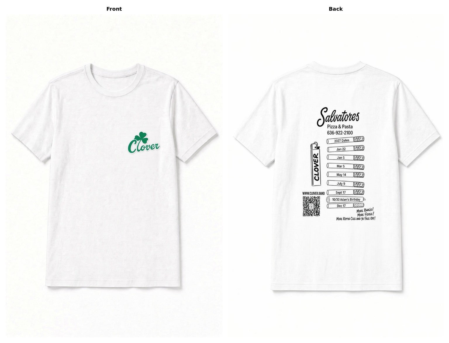 White Clover Salvatore's 2027 shirt, left chest front and printed back