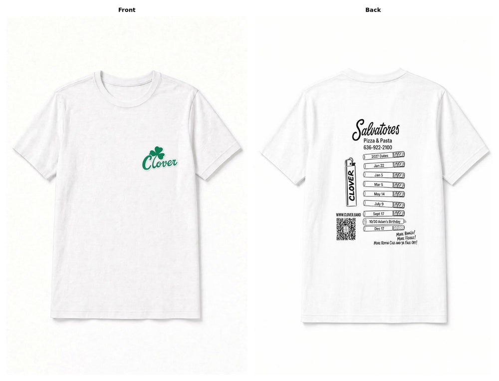 White Clover Salvatore's 2027 shirt, left chest front and printed back