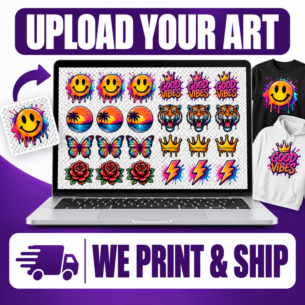 Upload custom artwork for a DTF gang sheet and have it printed and shipped