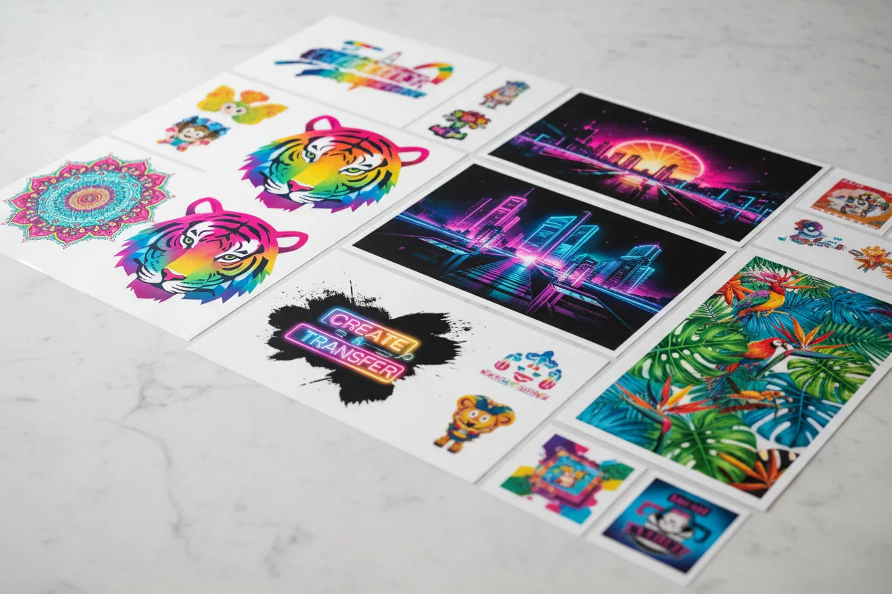 Colorful DTF transfer prints with tigers, cityscapes, animals, and tropical designs on table