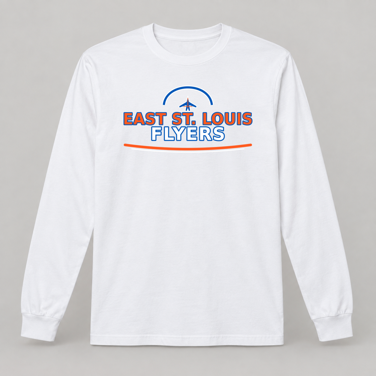 East St. Louis Flyers school pride transfer on a white long sleeve shirt placement mockup; shirt not included