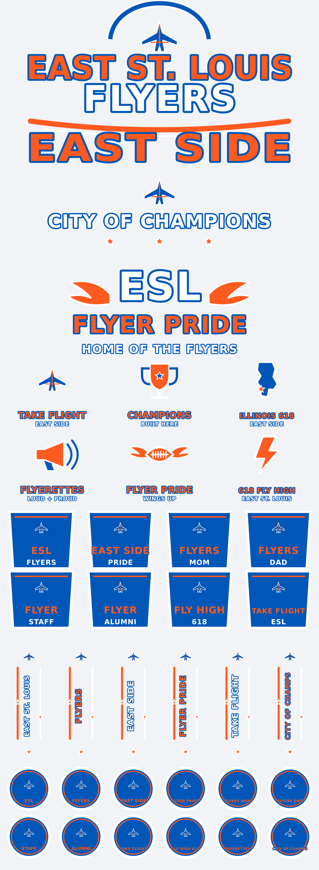 East St. Louis Flyers school pride densely packed 22 by 60 DTF gang sheet with 35 transfers and six illustrated custom designs