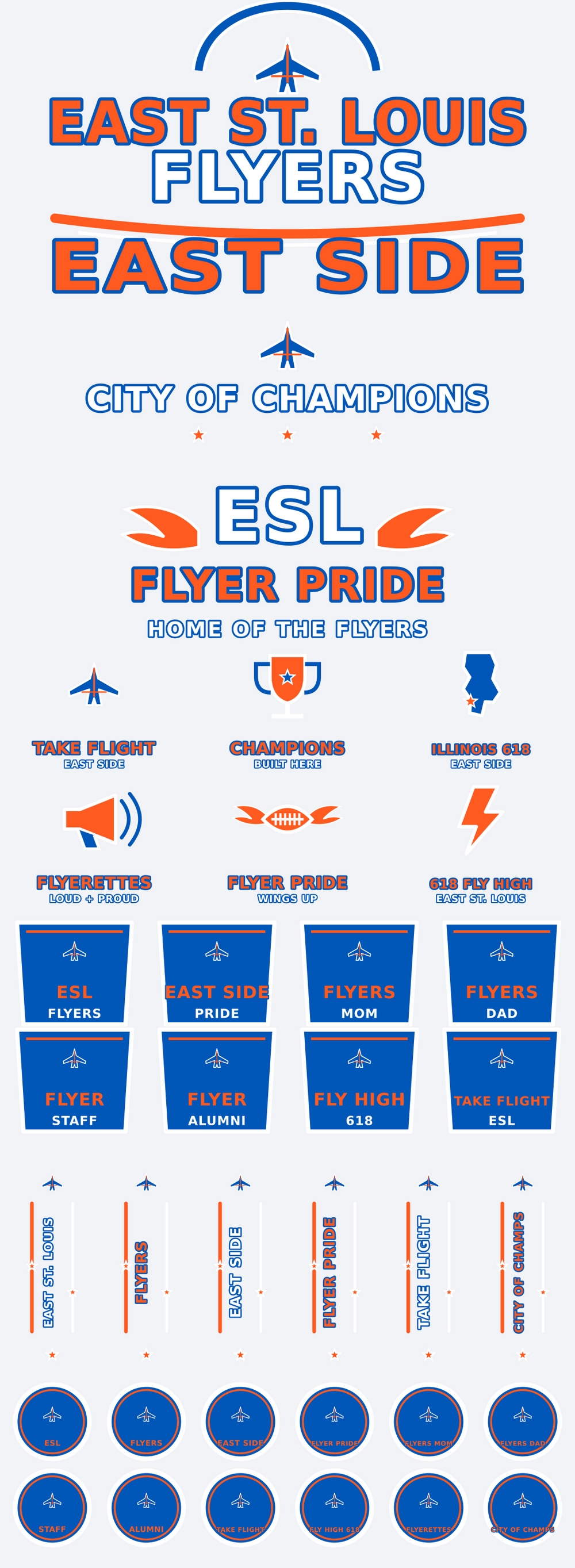 East St. Louis Flyers school pride densely packed 22 by 60 DTF gang sheet with 35 transfers and six illustrated custom designs