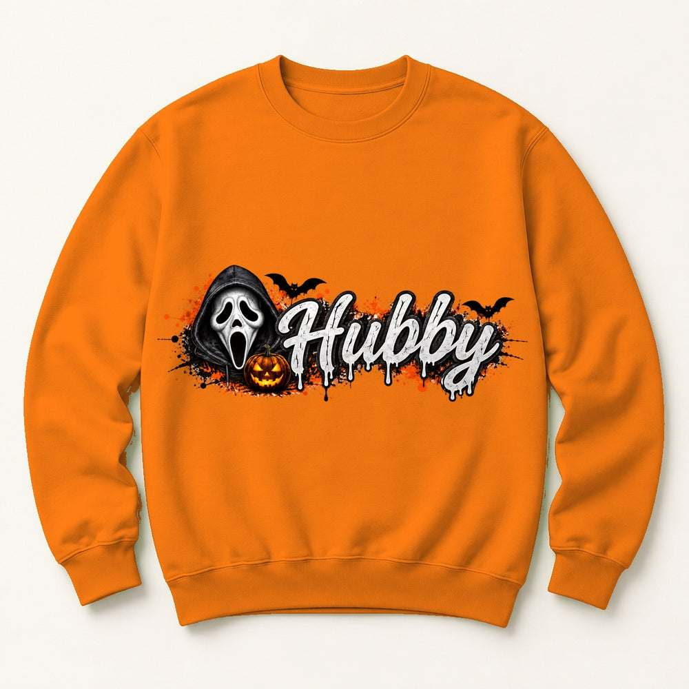 Hubby Halloween orange crewneck sweatshirt centered mockup