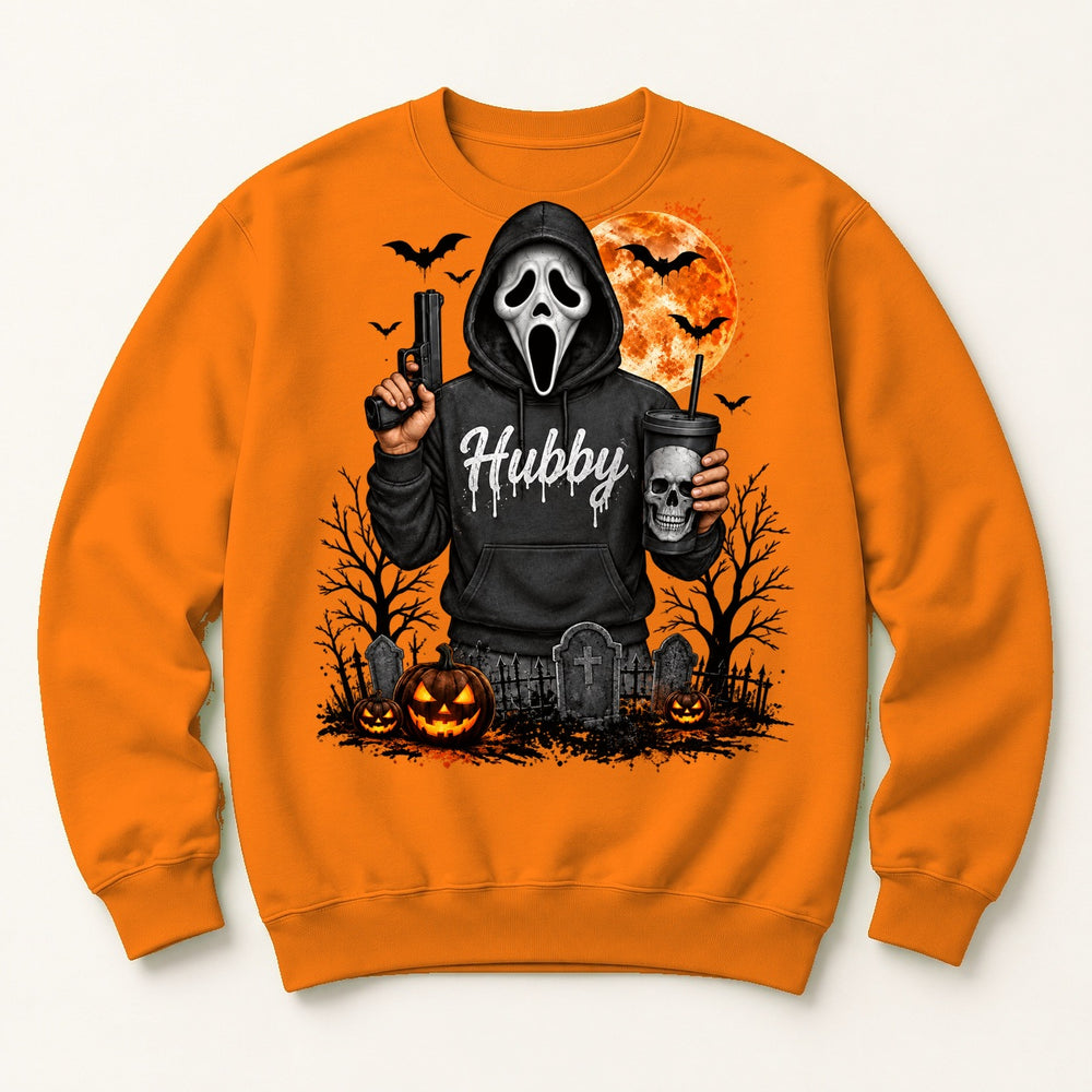 Hubby Scream orange crewneck sweatshirt centered mockup