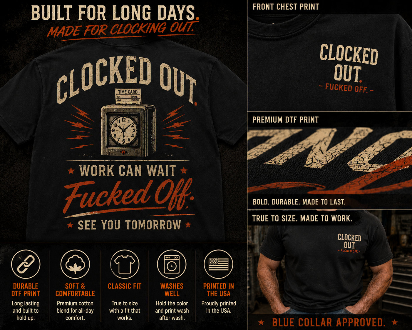 Clocked Out – Work Can Wait Funny Blue Collar T-Shirt