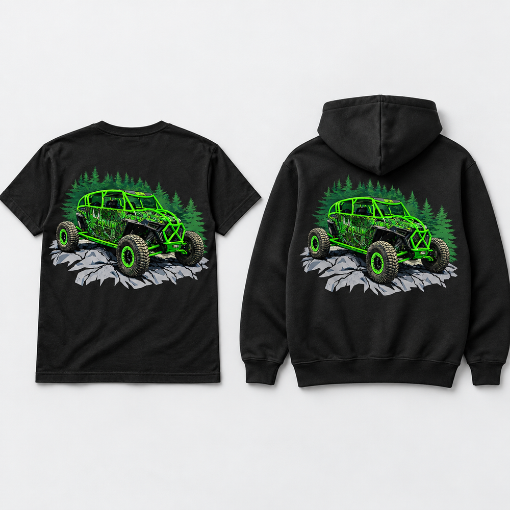 Rollin Lit green buggy back-print mockup on black T-shirt and black hoodie