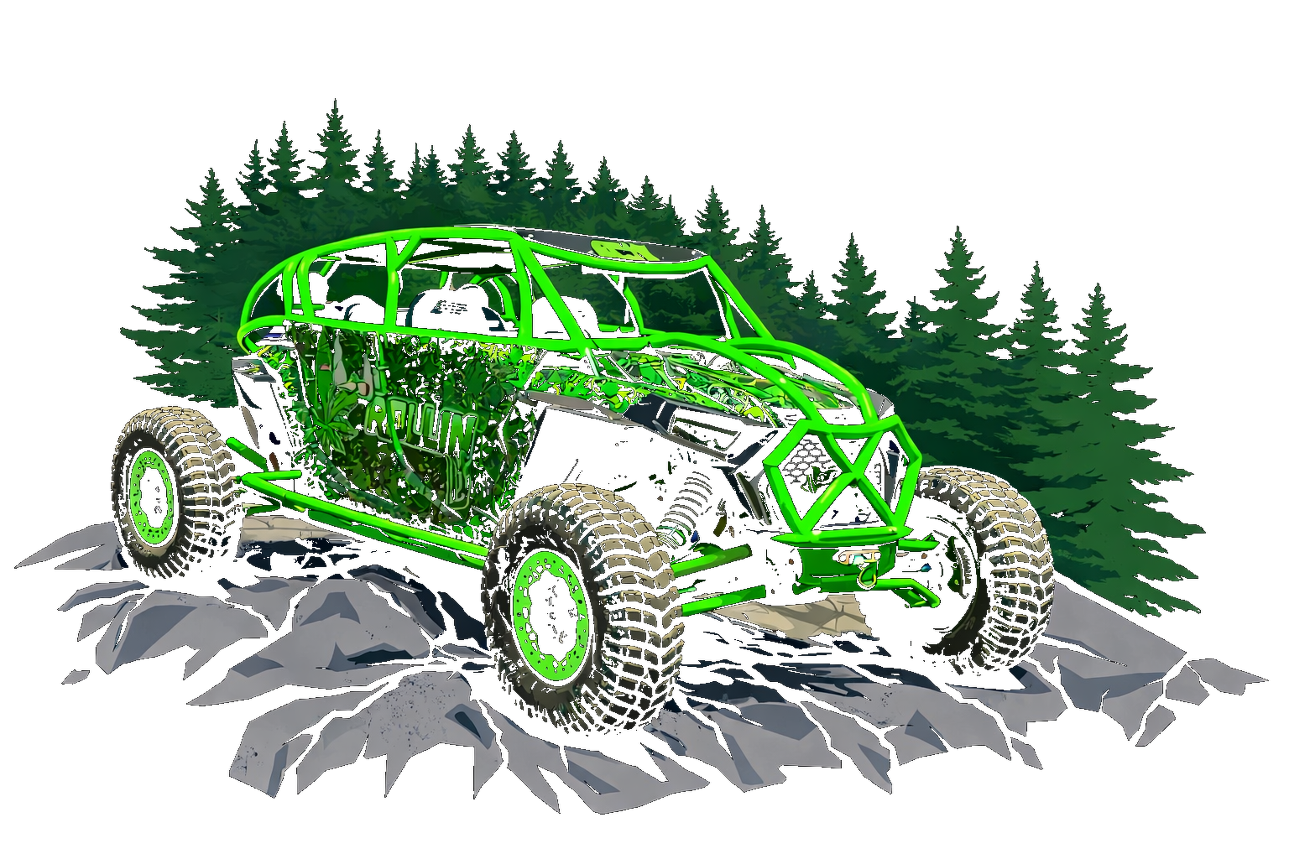 Sam’s Rollin Lit green off-road buggy with forest and rocks