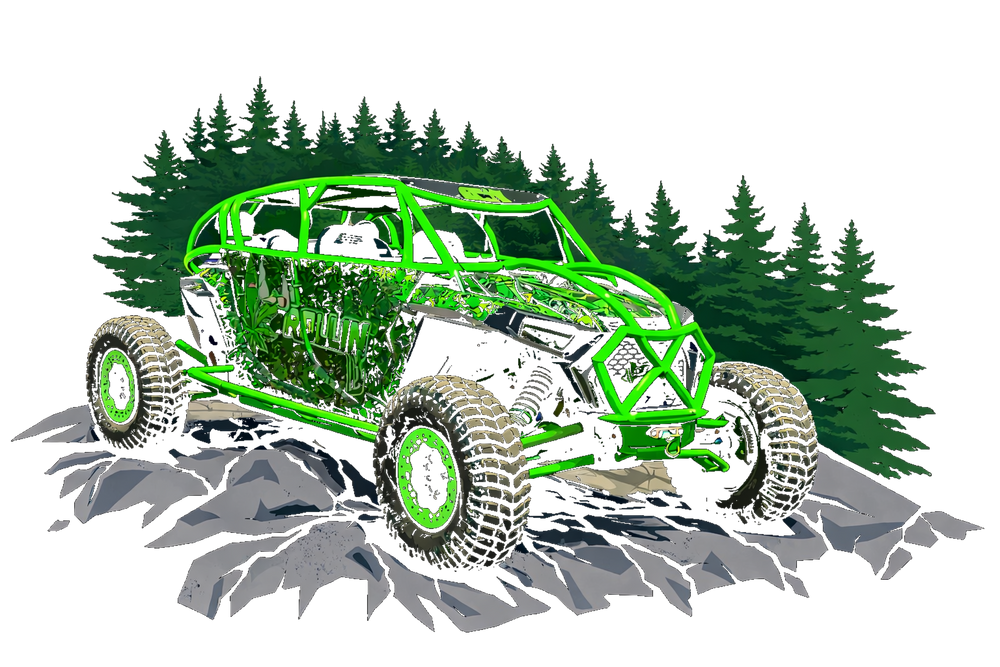 Sam’s Rollin Lit green off-road buggy with forest and rocks