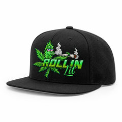 Rollin Lit green leaf embroidery mockup on a black Richardson flat-bill snapback hat