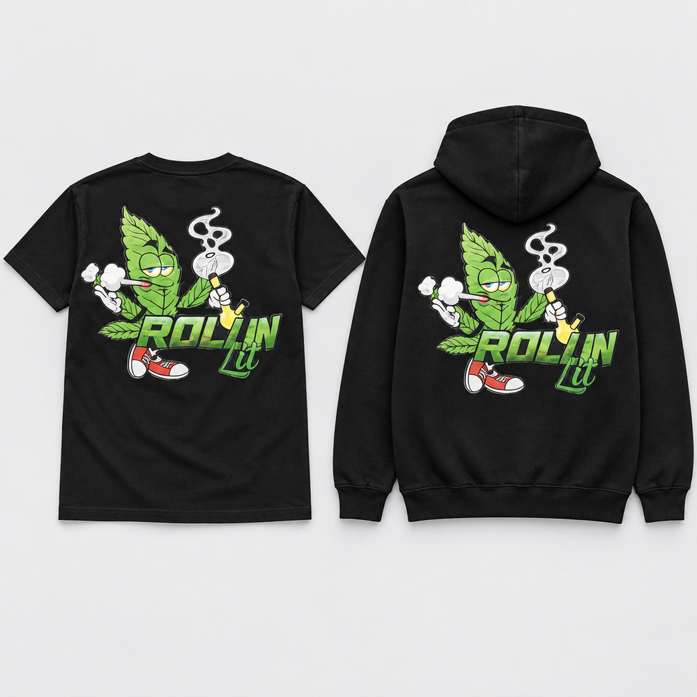 Rollin Lit second-edition leaf character back-print mockup on black T-shirt and hoodie