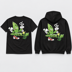 Rollin Lit second-edition leaf character back-print mockup on black T-shirt and hoodie