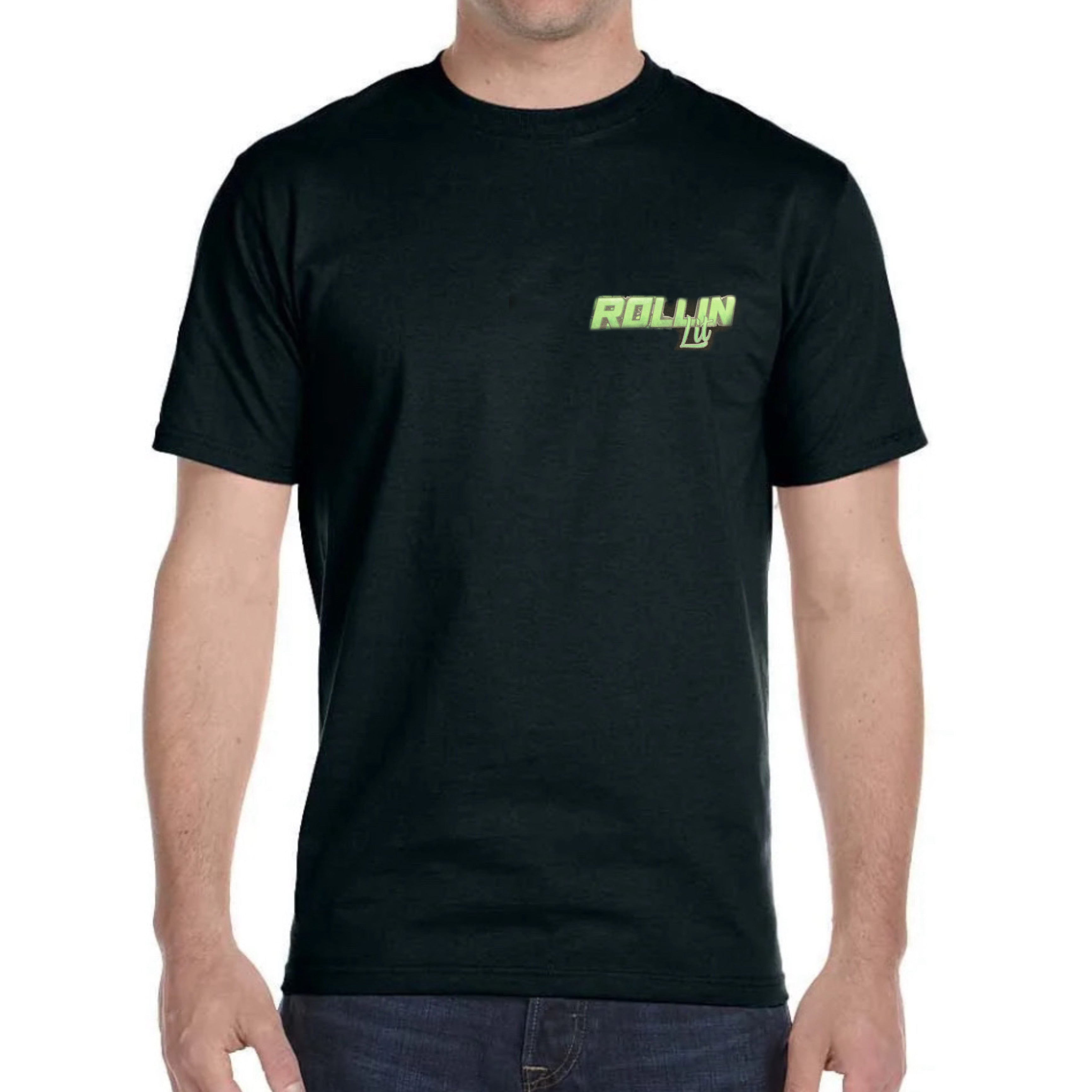 Rollin Lit small front left-chest logo on black T-shirt