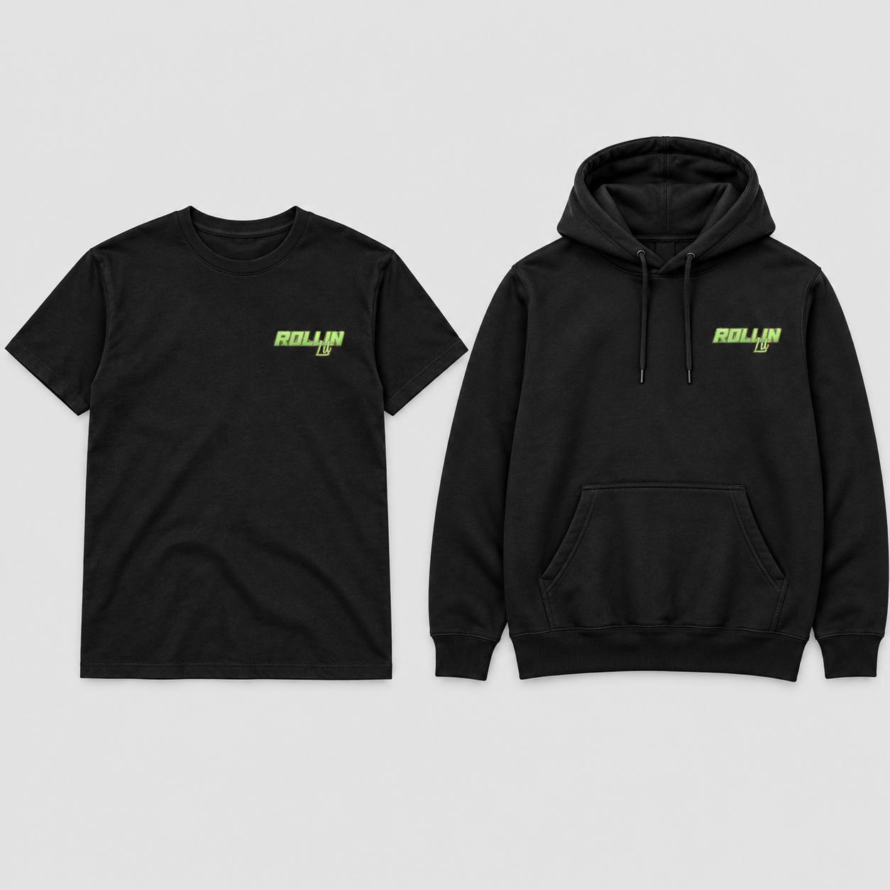 Front mockup of black T-shirt and hoodie with one small Rollin Lit wordmark on the left chest