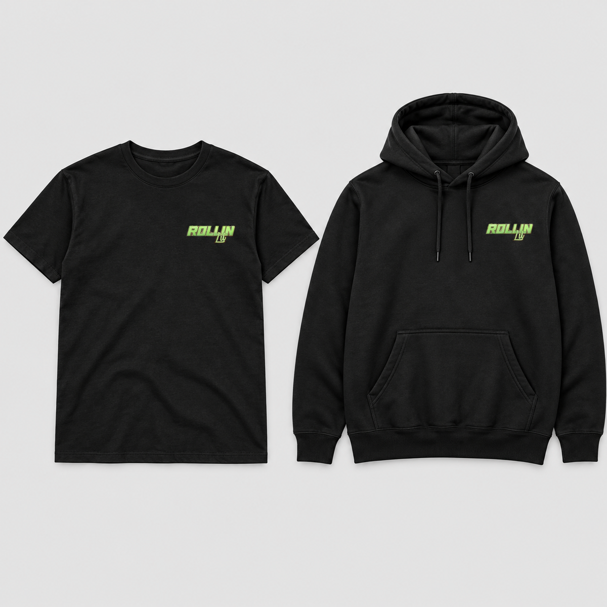 Front mockup of black T-shirt and hoodie with one small Rollin Lit wordmark on the left chest