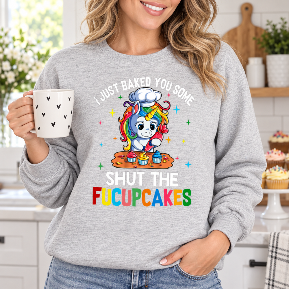 Woman wearing Shut the Fucupcakes unicorn baker sweatshirt