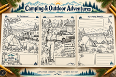 Illustrative sample camping coloring and memory pages; final artwork may vary