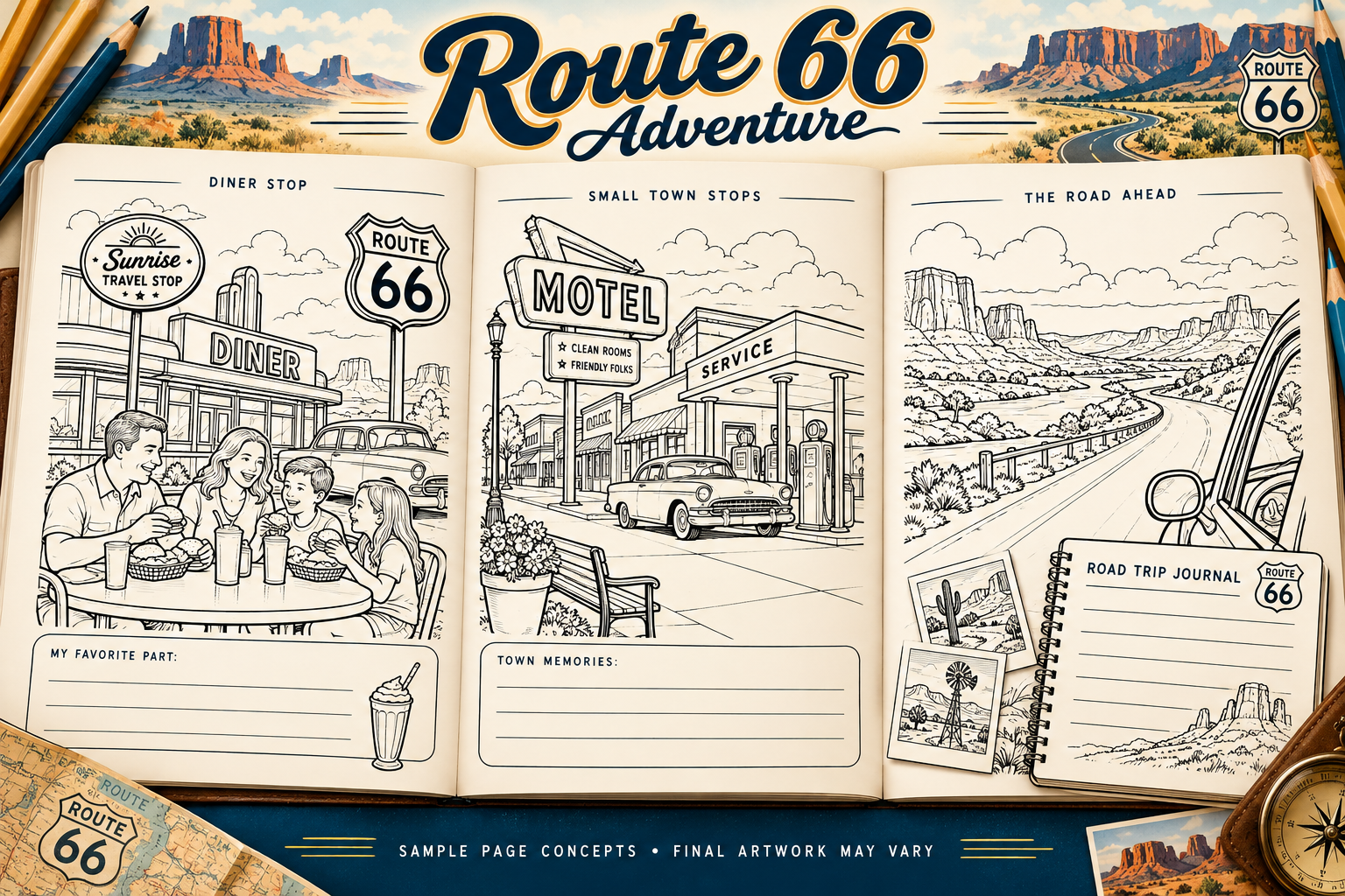 Illustrative sample coloring and memory pages for the route66 book; final artwork may vary