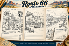 Illustrative sample coloring and memory pages for the route66 book; final artwork may vary