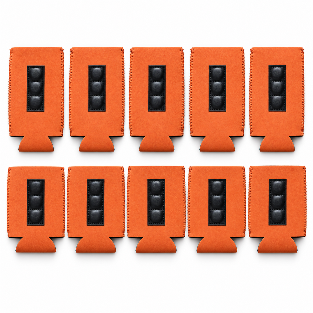 Rear view of slim and regular Texas orange can coolers showing three-section magnetic backing