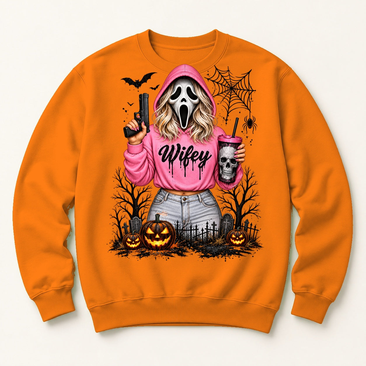Wifey Scream orange crewneck sweatshirt centered mockup