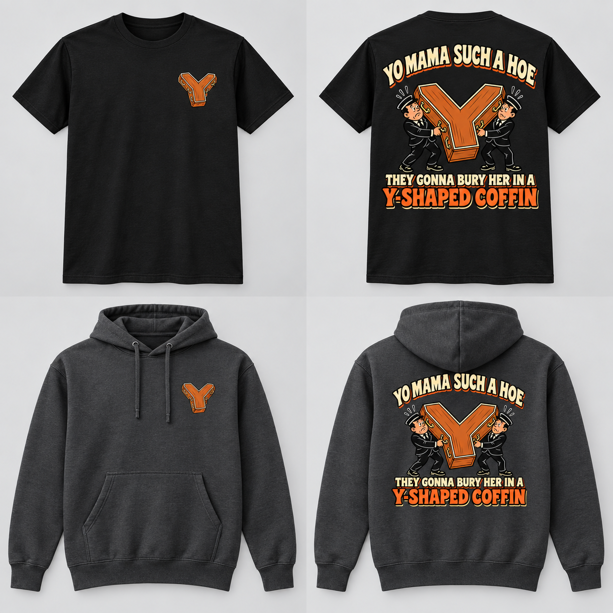 Cartoon Yo Mama Y-Shaped Coffin T-shirt and hoodie mockup