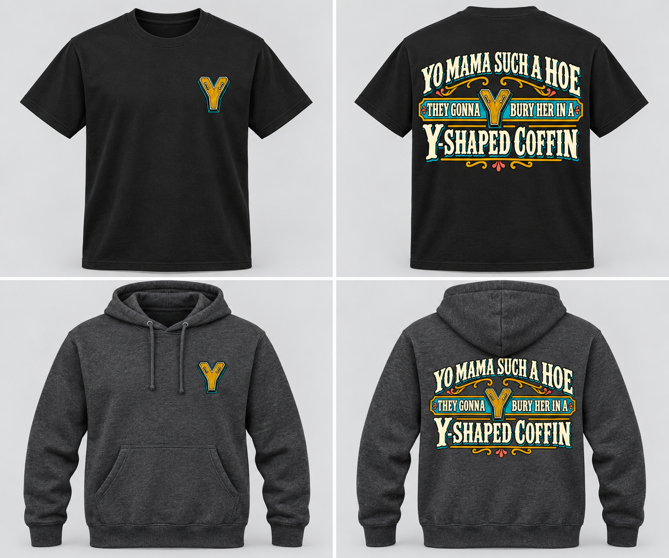Vintage Yo Mama Y-Shaped Coffin T-shirt and hoodie mockup